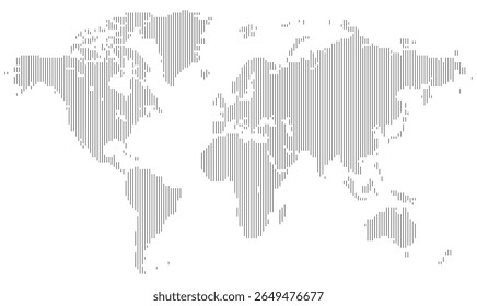 Vertical line based graphic of the world map showing abstract representations of all continents. A strong focus on geometric symmetry and global unity.