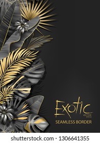 Vertical Line Floral Seamless Pattern Made With Gold And Black Leaves Of Tropical Plants On Dark Gray Background. Tropic Rain Forest Foliage Border. Vector Illustration.