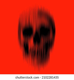 Vertical line halftone motion blur smear vector black skull isolated on red background.