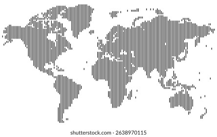 Vertical line shape world map presents continents through symmetrical line shape. Vertical line shape world map layout is ideal for themes in travel, globalization, or education.