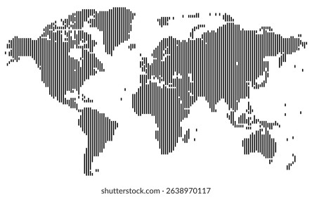 Vertical line shape world map rendered in digital style. Combines dotted world map elements with minimalist cartography to express a clean and informative line shape world map.