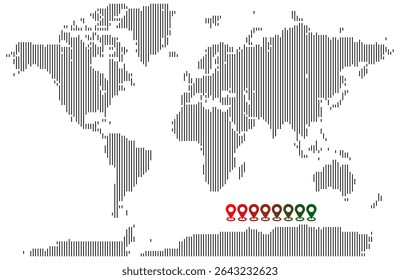 Vertical line shape world map highlighting country outlines