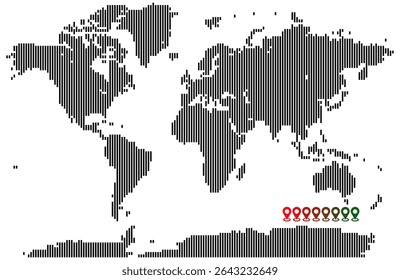 Vertical line shape world map featuring pixelated continents