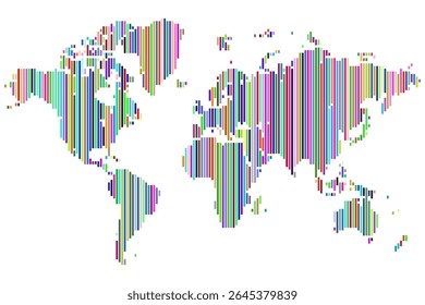 Vertical line shape world map. Vertical line shape multicolour world map. Multicolour line shape map to represent continents and countries in geometric layout.