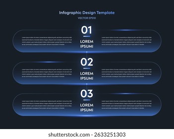 Linha do tempo linear vertical Infográfico Modelo de tecnologia com estilo de gradiente de néon. Processo de 3 Etapas do Layout da Interface do Usuário Conectando-se com o Nó de Linha do Slide de Apresentação