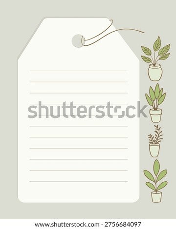 Vertical Lined Paper Note Tag with Potted Houseplants Illustration on Light Background. For notes, reminders, ideas.
