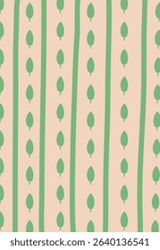 Vertical lines alternate with rows of leaf shapes in a seamless pattern. The design creates a rhythmic flow with repeating botanical elements. Cartoon vector illustration.
