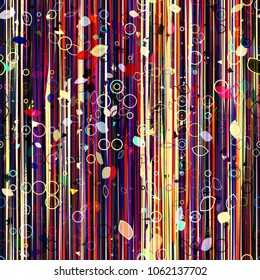 Vertical lines, circles, rings, stylized leaves. Seamless texture. Abstract vector background for web page, banners backdrop, fabric, home decor, wrapping