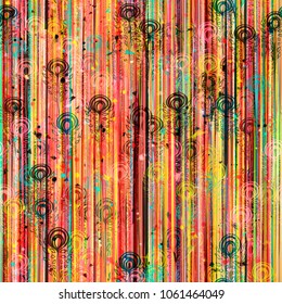 Vertical lines and decorative elements. Red, green, black, yellow colors. Seamless texture. Abstract vector background for web page, banners backdrop, fabric, home decor, wrapping