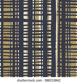 Vertical lines and dots on bold golden stripes. Hand-drawn seamless vector pattern