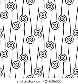 Vertical lines pattern in curves with elements of a spiral, seamless vector background.