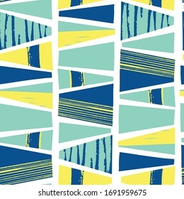 Vertical lines of trapezoid shapes seamless vector pattern. Textured abstract shapes teal blue lime yellow repeating background. Modern art tribal style design. 