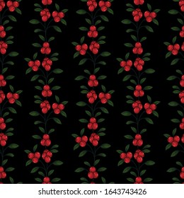 Tapas verticales de lingonberry sin fisuras; bayas forestales sobre fondo negro; diseño natural para tela, papel pintado, textil, papel envolvente, diseño web.