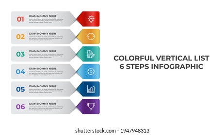 Vertical list infographic element template, business data visualization layout with 6 points of step vector.