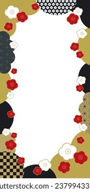 Vertical long middle transparent frame background with black Japanese pattern or cloud shape