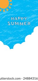 Vertical long summer banner background with sun, clouds and crayon touch blue sky