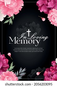 Vertical In Loving Memory Mourning Card With Colored Flowers On Black Background Realistic Vector Illustration