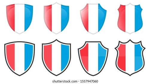 Vertical Luxembourg flag in shield shape, four 3d and simple versions.