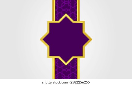 Vertical luxury Islamic background with bold purple and gold accents, ideal for Ramadan and Eid Fitr greetings. Intricate geometric details highlight its elegance.
