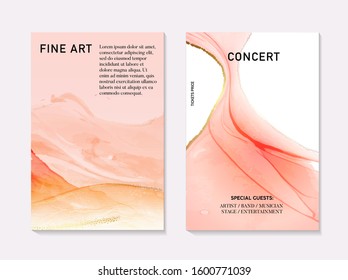 Vertical marble poster, orange pink soft  liquid flow with golden decoration, sparkles. Modern abstract poster decoration, paint ink graphics.