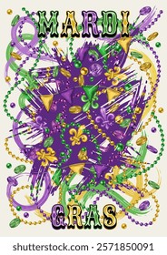 Vertical Mardi Gras poster with abstract smudged paint, scattered holiday trinket. A4. White background