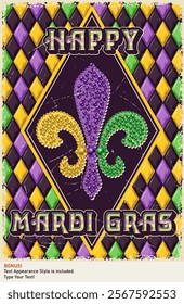 Vertical Mardi Gras poster with beaded Fleur de lis symbol, harlequin ornament, text. Editable text graphic style is included. Vintage style.