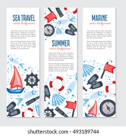 Vertical marine vector banner, cartoon illustration, Red flag, steering wheel, compass, ship, seashell, fish, binoculars, spyglass isolated on white background, design for advertising travel, invite