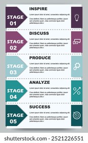 Vertical marketing brochure template with five business stages. Startup progress and development cycle