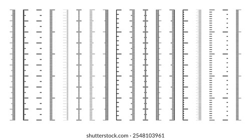 Vertical measurement scales with divisions. Realistic scale for measuring length or height in centimeters, millimeters or inches. Ruler, tape measure marks, size indicators. Vector illustration