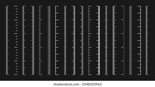 Vertical measurement scales with divisions. Realistic scale for measuring length or height in centimeters, millimeters or inches. Ruler, tape measure marks, size indicators. Vector illustration