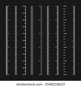 Vertical measurement scales with divisions. Realistic scale for measuring length or height in centimeters, millimeters or inches. Ruler, tape measure marks, size indicators. Vector illustration