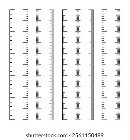 Vertical measurement scales with divisions. Realistic scale for measuring length or height in centimeters, millimeters or inches. Ruler, tape measure marks, size indicators. Vector illustration