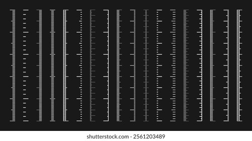 Vertical measurement scales with divisions. Realistic scale for measuring length or height in centimeters, millimeters or inches. Ruler, tape measure marks, size indicators. Vector illustration