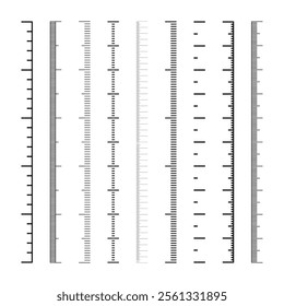 Vertical measurement scales with divisions. Realistic scale for measuring length or height in centimeters, millimeters or inches. Ruler, tape measure marks, size indicators. Vector illustration