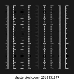 Vertical measurement scales with divisions. Realistic scale for measuring length or height in centimeters, millimeters or inches. Ruler, tape measure marks, size indicators. Vector illustration