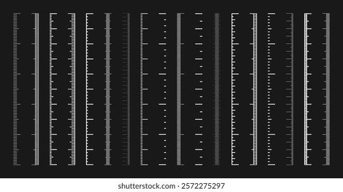 Vertical measurement scales with divisions. Realistic scale for measuring length or height in centimeters, millimeters or inches. Ruler, tape measure marks, size indicators. Vector illustration