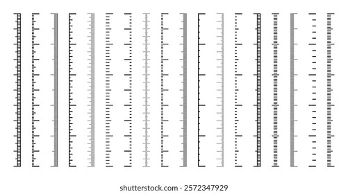 Vertical measurement scales with divisions. Realistic scale for measuring length or height in centimeters, millimeters or inches. Ruler, tape measure marks, size indicators. Vector illustration