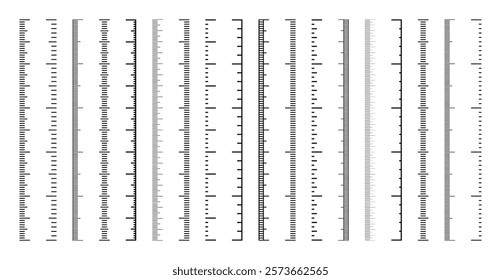 Vertical measurement scales with divisions. Realistic scale for measuring length or height in centimeters, millimeters or inches. Ruler, tape measure marks, size indicators. Vector illustration