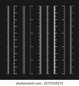 Vertical measurement scales with divisions. Realistic scale for measuring length or height in centimeters, millimeters or inches. Ruler, tape measure marks, size indicators. Vector illustration