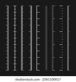 Vertical measurement scales with divisions. Realistic scale for measuring length or height in centimeters, millimeters or inches. Ruler, tape measure marks, size indicators. Vector illustration