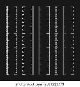 Vertical measurement scales with divisions. Realistic scale for measuring length or height in centimeters, millimeters or inches. Ruler, tape measure marks, size indicators. Vector illustration