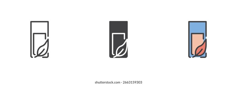 Caja de medicina de Vertical con ícono de hoja en línea, estilo de contorno sólido y relleno. Símbolo de embalaje orgánico en formato Vector para suplementos herbarios.