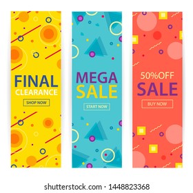 Vertical Mega sale and Final clearance banners set with hipster fashion geometric patterns 80s-90s, vector illustration in Memphis style. Can be used for web, page, header, ad, invitation. 