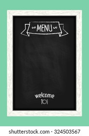 Vertical menu chalkboard for cafes and restaurants. Realistic wooden frame. Vector illustration