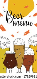 Vertical menu cover design template. Different beer glasses. Hand drawn vector sketch illustration
