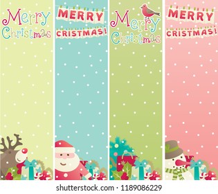 Vertical Merry christmas banners for web design. Vector backgrounds with Santa Claus, snowman, Red-Nosed Reindeer, christmas decorations  and hand drawn lettering  text on Festive bunting 