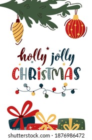 Vertical Merry Christmas Card with Decorated Fir Tree Branches, gift boxes and Xmas lettering. Vector design element. Holly Jolly Christmas. For covers, invitations, posters, banners, flyers.