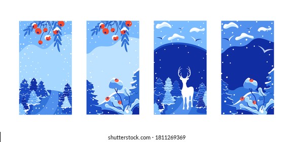 Vertical Merry Christmas greeting card set. Trendy Winter Holidays templates for social media posts. Christmas cards design for banners, posters, mobile apps. Vector landscape background in flat style
