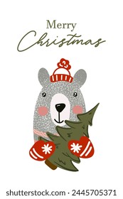 Vertical merry Christmas greeting card, cute bear in red santa hat with Christmas tree in hand