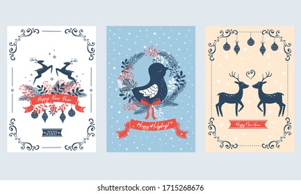 Vertical Merry Christmas and Happy Holidays Cards with Fir Tree Branches, Deer and Decorative Snowflakes Vector Set